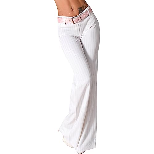 Candygirls Hose Damen Business Schlaghose Nadelstreifen Streifen Gürtel Hüfthose Schlag 1830 (as3, Numeric, Numeric_34, Regular, Regular, Weiß) von Candygirls