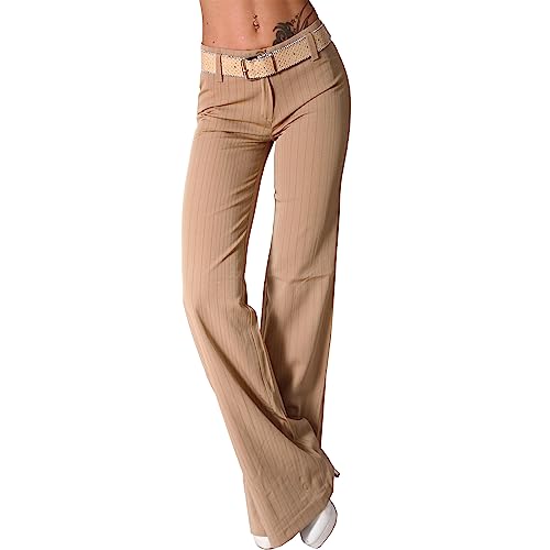 Candygirls Hose Damen Business Schlaghose Nadelstreifen Streifen Gürtel Hüfthose Schlag 1830 (as3, Numeric, Numeric_36, Regular, Regular, Braun) von Candygirls