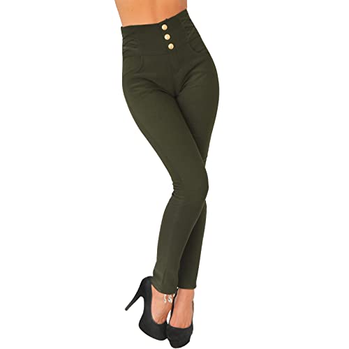 Candygirls Hose High Waist Thermo Stretch Knopfleiste Knöpfe Treggings Leggings Röhre Niete 95513 (as3, Alpha, l, x_l, Regular, Regular, Grün, L/XL) von Candygirls