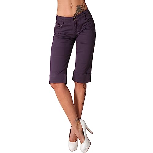 Candygirls Jeans Hose 3/4 Niedrige Capri Damen Umschlag Stickerei Nieten Hüfthose Bermuda 88355 (as3, Numeric, Numeric_36, Regular, Regular, Lila) von Candygirls