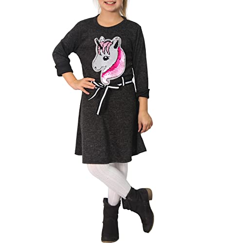 Candygirls Kinder Kleid Einhorn Pailletten Fell Sweatshirt Strick Gürtel Streifen Mädchen 1682 (as3, Numeric, Numeric_116, Numeric_122, Regular, Schwarz, 116/122) von Candygirls