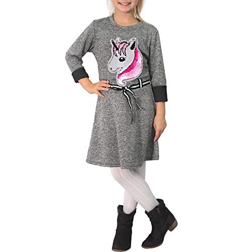 Candygirls Kinder Kleid Einhorn Pailletten Fell Sweatshirt Strick Gürtel Streifen Mädchen 1682 (as3, Numeric, Numeric_146, Regular, Dunkelgrau, 146) von Candygirls