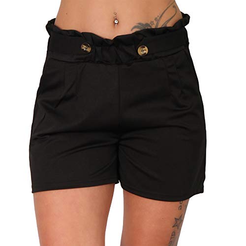 Candygirls Leichte Shorts Zier Gürtel Knopf Sommer Kurze Hose Taschen bunt Basic Falten 18512 (Schwarz, XS/S) von Candygirls