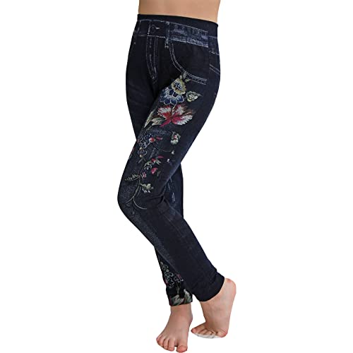 Candygirls Mädchen High Waist Leggings Hose Blumen Druck Jeans Look Optik Kinder Blume 366 (as3, Numeric, Numeric_122, Numeric_128, Regular, Blau, 122/128) von Candygirls