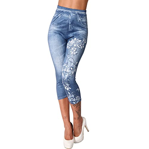 Damen High Waist Capri 3/4 Leggins Strass Blumen Steine Hose Jeans Look Leggings Jeggings Optik 8660 (as3, Alpha, l, x_l, Regular, Regular, Blau) von Candygirls