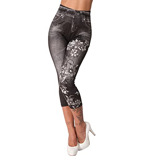 Damen High Waist Capri 3/4 Leggins Strass Blumen Steine Hose Jeans Look Leggings Jeggings Optik 8660 (as3, Alpha, l, x_l, Regular, Regular, Schwarz) von Candygirls