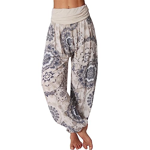 Damen Hose Harem Aladin Pluder Blumen Mandala Sommer Pumphose Freizeit Ali Baba Urlaub 640 (Beige) von Candygirls