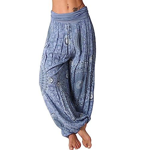 Damen Hose Harem Aladin Pluder Blumen Mandala Sommer Pumphose Freizeit Ali Baba Urlaub 640 (Graublau 644) von Candygirls