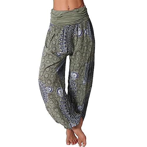 Damen Hose Harem Aladin Pluder Blumen Mandala Sommer Pumphose Freizeit Ali Baba Urlaub 640 (Oliv 644) von Candygirls