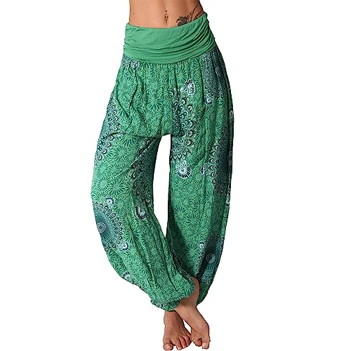 Damen Hose Harem Aladin Pluder Blumen Mandala Sommer Pumphose Freizeit Ali Baba Urlaub 640 (Smaragdgrün 644) von Candygirls