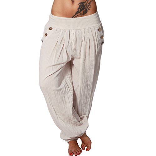 Damen Hose Harem Aladin Pluder Knöpfe Sommer Knopf Freizeit Ali Baba Pumphose Urlaub 73 (Beige) von Candygirls