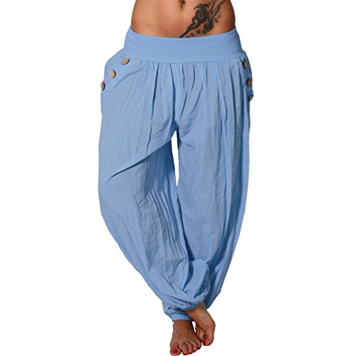 Damen Hose Harem Aladin Pluder Knöpfe Sommer Knopf Freizeit Ali Baba Pumphose Urlaub 73 (Graublau) von Candygirls