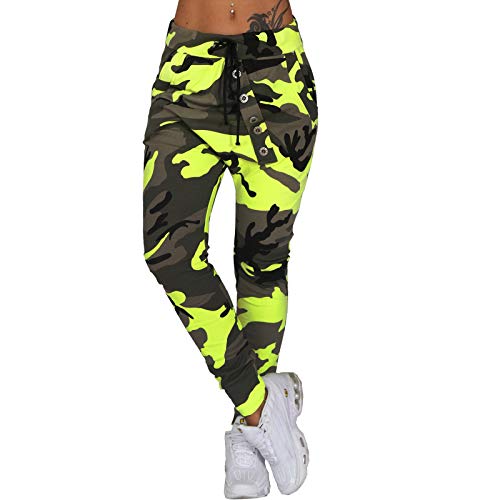 Damen Jogging Sport Hose Boyfriend mit Knopfleiste Baggy Harem Chino Pump Lauf Röhre Bunt Sommer Loose Fit Jogger 79 (Camouflage Gelb) von Candygirls