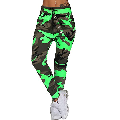 Damen Jogging Sport Hose Boyfriend mit Knopfleiste Baggy Harem Chino Pump Lauf Röhre Bunt Sommer Loose Fit Jogger 79 (Camouflage Grün) von Candygirls