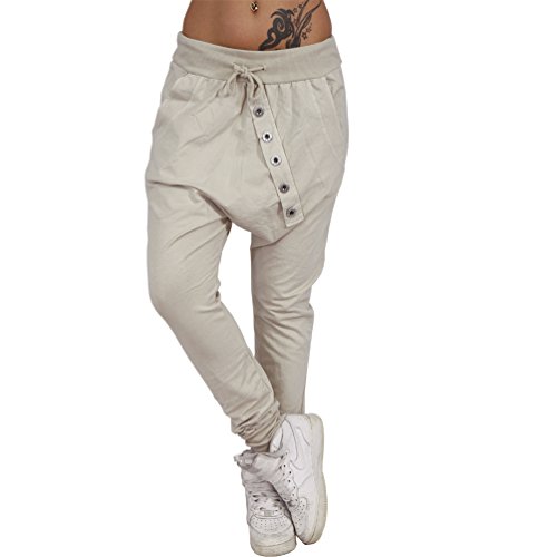 Damen Jogging Sport Hose Boyfriend mit Knopfleiste Baggy Harem Chino Pump Lauf Röhre Bunt Sommer Loose Fit Jogger 79P (Beige) von Candygirls