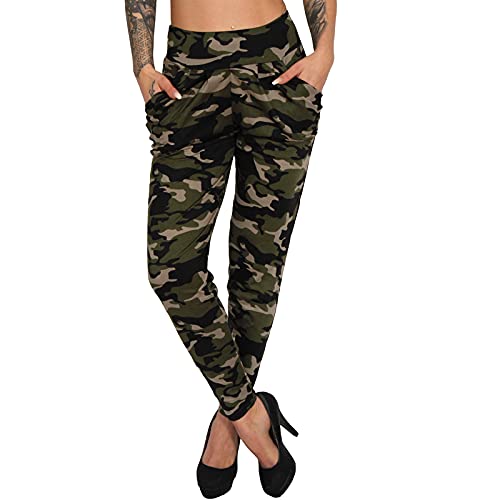 Damen Leichte Harem Sommer Hose Bundfalten Aladin Freizeit Ali Baba Pumphose Pluder Camouflage 105-30 (Grün, M-L) von Candygirls