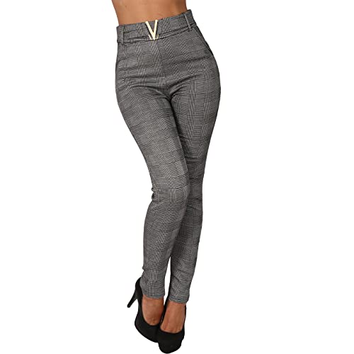 Damen Thermo Business Hose Zier Gürtel Karo Schleife Band Bindegürtel High Waist P8405 (Grau 78077, S-M) von Candygirls