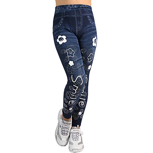 Kinde Jeans Look Optik Smile Blumen Strass Wolken Treggings Leggins Hose Jeans Leggings Jegging 702-301 (as3, Numeric, Numeric_134, Numeric_140, Regular, Blau) von Candygirls