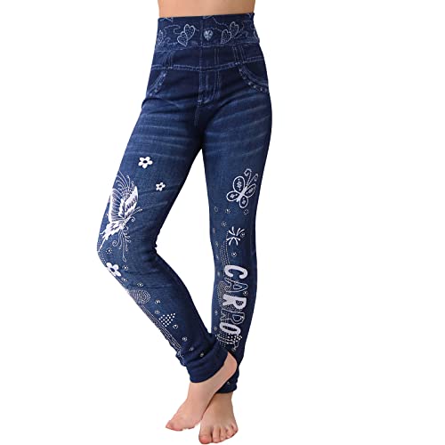 Kinde Sommer Jeans Look Optik Smile Blumen Strass Wolken Treggings Leggins Hose Jeans Leggings Jegging 702-302 (as3, Numeric, Numeric_134, Numeric_140, Regular, Blau Smile) von Candygirls