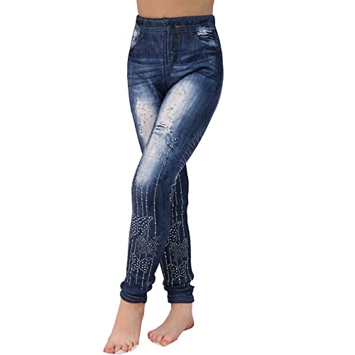 Kinder Thermo Jeans Look Optik Smile Blumen Strass Wolken Treggings Leggins Hose Jeans Leggings Jegging P702-268 (Blau 157-271, 110-116) von Candygirls