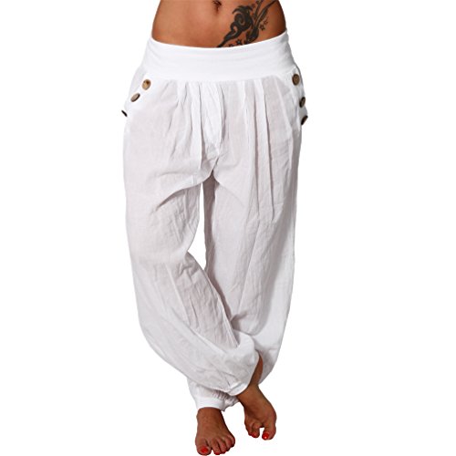 Leichte Sommer Hose Knopf Tasche Harem Aladin Freizeit Ali Baba Pumphose Pluder (Weiss) von Candygirls