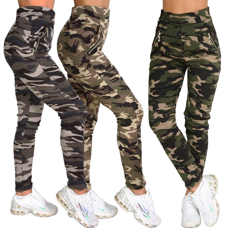 Damen Hose Camouflage Thermo Tarnfleck Army High Waist Zier Reißverschluss Gold 1098 von CandygirlsDE