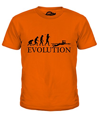 Candymix Schwimmsport Schwimmen Evolution des Menschen Unisex Jungen Mädchen T Shirt, Größe 10 Jahre, Farbe Orange von Candymix