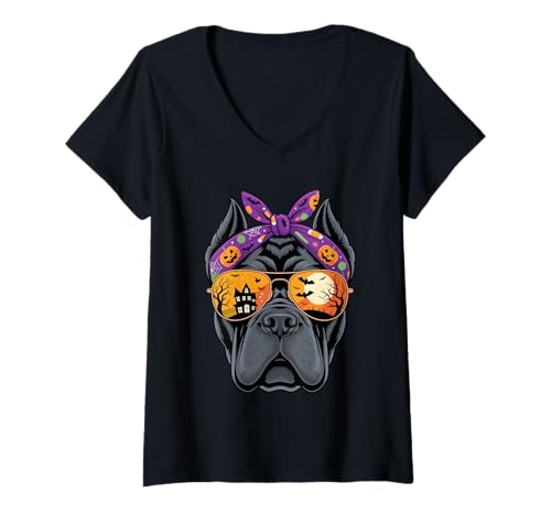 Damen Halloween Bandana Cane Corso T-Shirt mit V-Ausschnitt von Cane Corso Dog Lover Gifts