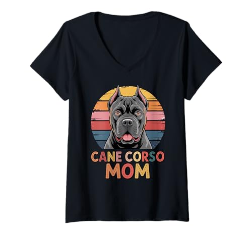 Damen Retro Sonnenuntergang Cane Corso Mom Italienische Dogge T-Shirt mit V-Ausschnitt von Cane Corso Dog Lover Gifts