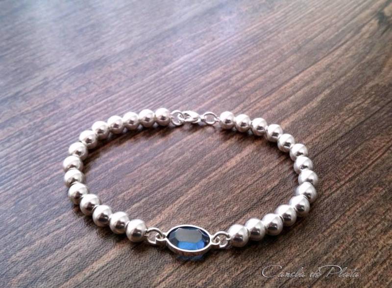 Armband Aus 925Er Silber Mit Blauer Swarovski-Kristallfassung. Blaues Und Silbernes Armband. 6 Mm Sterlingsilber-Perlenarmband Fassung Armband Aus 925Er Silber Mit Blauer Swarovski-Kristallfassung. Blaues Und Silbernes Armband. 6 Mm Sterlingsilber-Perlenarmband Fassung von CaneladePlata
