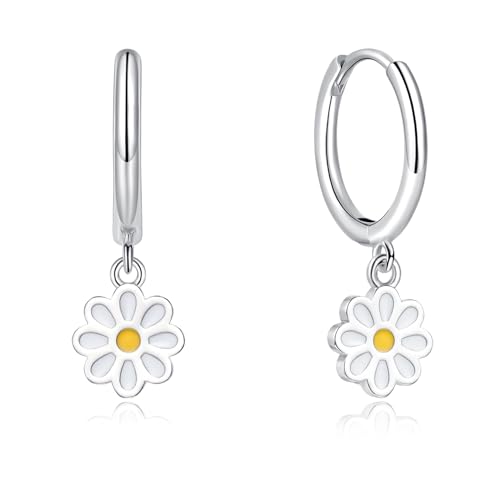 Cangall Creolen Ohrringe Hängend für Damen, Sterling Silber Creolen mit Gänseblümchen Anhänger, Hypoallergen Leichte Blume Silber Ohrringe Creolen, Sonnenblume Ohrringe Hängend Silber Ohrschmuck von Cangall