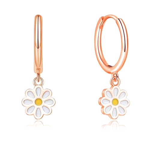 Cangall Creolen Ohrringe Hängend für Damen, Sterling Silber Creolen mit Gänseblümchen Anhänger, Hypoallergen Leichte Rose Gold Blume Ohrringe Creolen, Sonnenblume Ohrringe Hängend Rose Gold Schmuck von Cangall