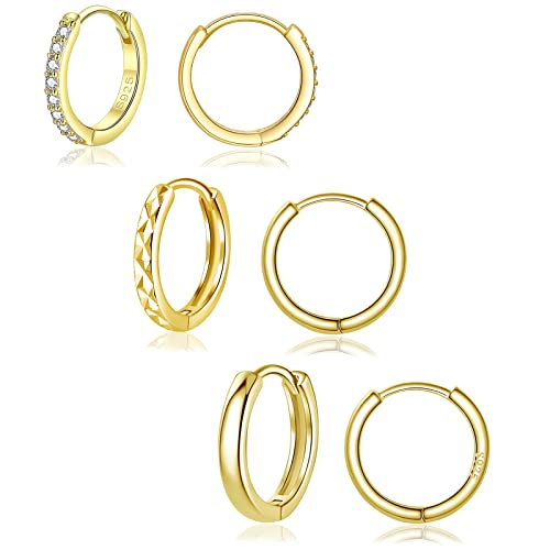 Cangall Creolen Silber 925, 3 Paare Sterling Silber Gold Ohrringe Set Mit Weiß Zirkonia, 12mm Klein Unisex Schlafen Huggies Kreolen Mit Geschenkbox von Cangall