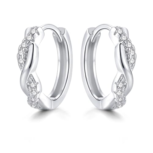 Cangall Creolen Silber 925 Klein, 925 Sterling Silber Twisted Ohrringe Creolen mit 5A Cubic Zirkonia, Hypoallergen Schlafen Knorpel Huggie Kreolen, Unendlich Ohrschmuck Geschenk für Frauen Mädchen von Cangall