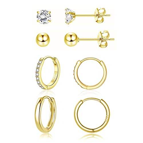 Cangall Creolen Silber 925 Ohrstecker Ohrringe, 925 Sterling Silber Damen Ohrstecker Creolen Ohrringe Set, 4 Paare Gold Klein Schlafen Ohrstecker Creolen Ohrringe Set, 5mm Ohrstecker & 14mm Creolen von Cangall