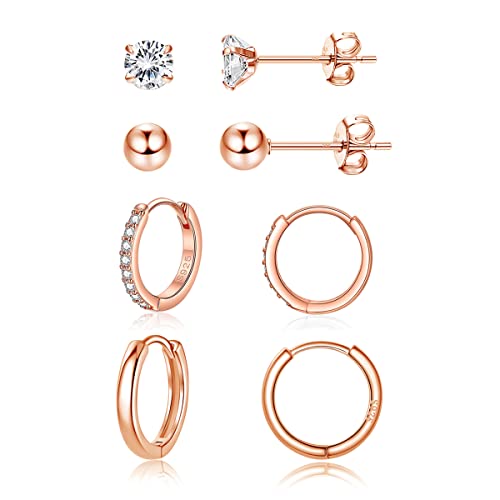 Cangall Creolen Silber 925 Ohrstecker Ohrringe, 925 Sterling Silber Damen Ohrstecker Creolen Ohrringe Set, 4 Paare Rose Gold Schlafen Ohrstecker Creolen Ohrringe Set, 5mm Ohrstecker & 14mm Creolen von Cangall