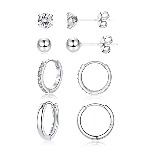 Cangall Creolen Silber 925 Ohrstecker Ohrringe, 925 Sterling Silber Damen Ohrstecker Creolen Ohrringe Set, 4 Paare Unisex Klein Schlafen Ohrstecker Creolen Ohrringe Set, 5mm Ohrstecker & 14mm Creolen von Cangall