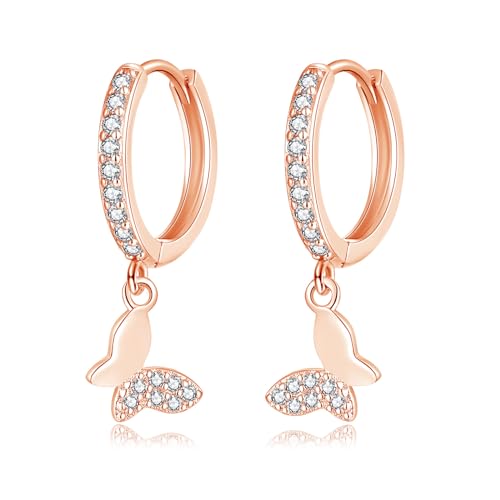 Cangall Creolen Silber 925 mit Anhänger, 925 Sterling Silber Ohrringe Hängend mit Zirkonia Schmetterling, Hypoallergene Kleine Schlafen Knorpel Ohrringe Creolen Rose Gold Hängend für Damen Mädchen von Cangall
