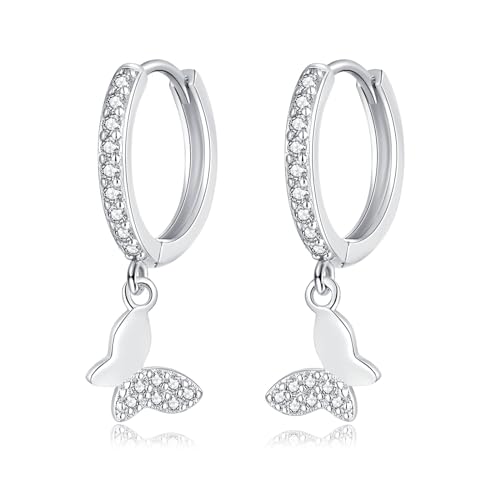 Cangall Creolen Silber 925 mit Anhänger, 925 Sterling Silber Ohrringe Hängend mit Zirkonia Schmetterling, Hypoallergene Kleine Schlafen Knorpel Ohrringe Creolen Silber Hängend für Damen Mädchen von Cangall
