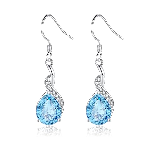 Cangall Ohrringe Silber 925 Hängend, 925 Sterling Silber Ohrringe mit Blau Cubic Zirkonia, Leichte Haken Hängende Damenohrringe, Hypoallergen Tropfen Ohrhänger Schmuck Geschenk zu Geburtstag von Cangall