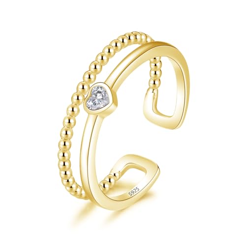 Cangall Silber Damen Ringe, 925 Sterling Silber Offen Verstellbar Doppelringe, Schlicht Offen Ringe Gold Herz Fingerringe Doppelringe Verstellbar Ringe, Minimalist Stapelbar Trauringe Partnerringe von Cangall