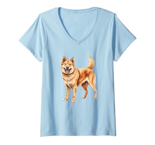 Damen Illustration eines stolzen und glücklichen Akita-Hundes T-Shirt mit V-Ausschnitt Damen Illustration eines stolzen und glücklichen Akita-Hundes T-Shirt mit V-Ausschnitt von Canine Charm Co.