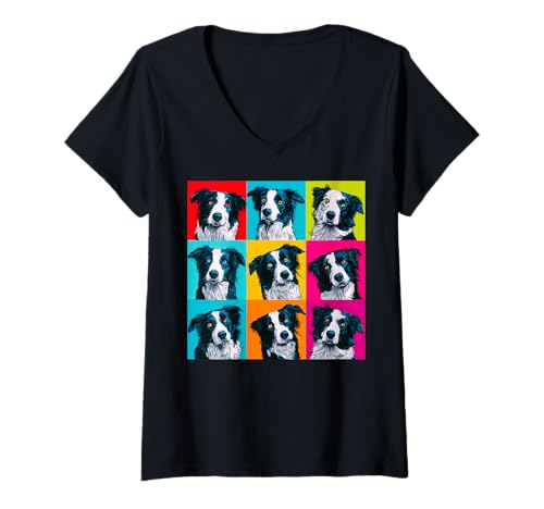 Damen Border Collie Bunte Pop-Art-Hunde-Illustration T-Shirt mit V-Ausschnitt Damen Border Collie Bunte Pop-Art-Hunde-Illustration T-Shirt mit V-Ausschnitt von Canine Colors Collective