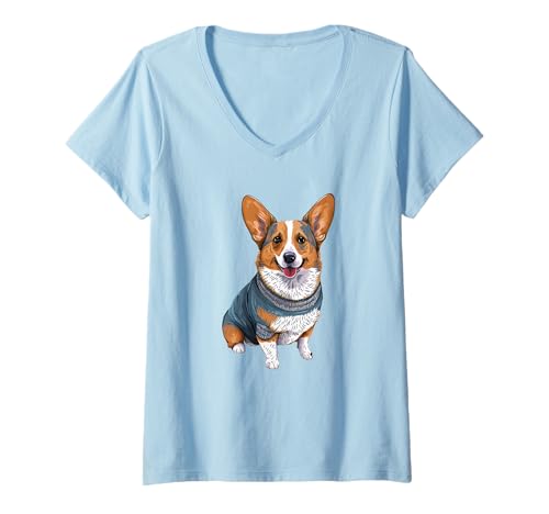 Damen Lächelnder Corgi im blauen Pullover-Design T-Shirt mit V-Ausschnitt Damen Lächelnder Corgi im blauen Pullover-Design T-Shirt mit V-Ausschnitt von Canine Couture