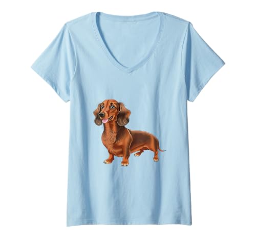 Damen Entzückende Dackel-Hundeliebhaber Kunst T-Shirt mit V-Ausschnitt Damen Entzückende Dackel-Hundeliebhaber Kunst T-Shirt mit V-Ausschnitt von Canine Delight