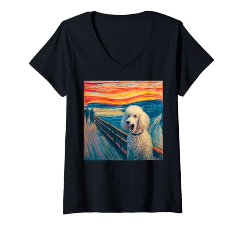 Damen Pudel Hund Parodie Kunst Der Schrei Malerei Stil T-Shirt mit V-Ausschnitt von Canine Expression Art Co.