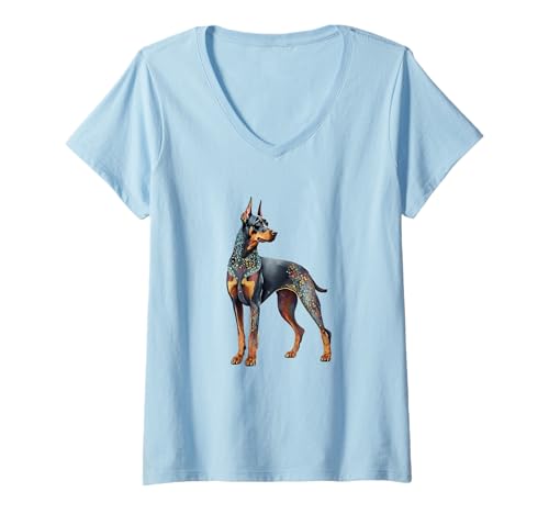 Damen Bunte künstlerische Illustration von Dobermann-Hund T-Shirt mit V-Ausschnitt Damen Bunte künstlerische Illustration von Dobermann-Hund T-Shirt mit V-Ausschnitt von Canine Expressions