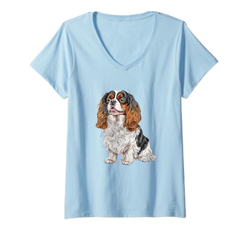Damen Entzückende Cavalier King Charles Spaniel Illustration T-Shirt mit V-Ausschnitt von Canine Lovers Collection