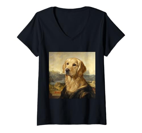 Damen Mona Lisa inspiriertes Golden Retriever Portrait-Kunstwerk T-Shirt mit V-Ausschnitt Damen Mona Lisa inspiriertes Golden Retriever Portrait-Kunstwerk T-Shirt mit V-Ausschnitt von Canine Masterpiece Co