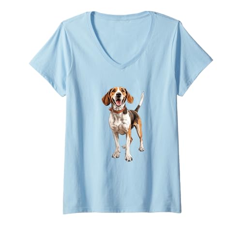 Damen Illustration eines glücklichen Beagle-Hundeliebhabers T-Shirt mit V-Ausschnitt Damen Illustration eines glücklichen Beagle-Hundeliebhabers T-Shirt mit V-Ausschnitt von CanineJoy